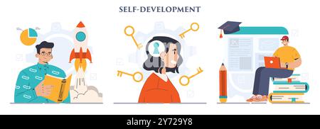 Self-development set. Increasing of business or professional competencies and skills. Educational course for career growth. Personal improvement, intelligence development. Flat vector illustration Stock Vector