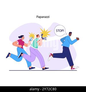 Celebrity routine. Movie or music star, famous person run from paparazzi. Photographers chasing well-known male artist taking pictures. Flat vector illustration Stock Vector