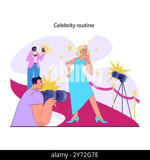 Celebrity routine. Movie or music star, famous person at the red carpet of movie premiere. Photographers taking pictures of a woman. Well-known female artist success. Flat vector illustration Stock Vector