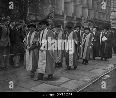 Cambridge University has conferred the Honorary Degree of Doctor of  Law on Commodore Sir James Bissett, Captain of the 'Queen Elizabeth'. At today's ceremony Marshal of the Royal Air Force Sir Arthur Tedder and Field Marshal Sir Harold Alexander also received Honorary Degrees of Doctor of Law. Lord Keynes was made Honorary Doctor of Science.  Picture Shows: The Procession during today's ceremony.  31 January 1946 Stock Photo