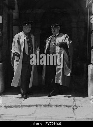 The Foreign Minister Mr Ernest Bevan, and Lord Wavell, were among those given an Honourary Degree of Doctor of Laws at Cambridge University today.  Introducing Mr Bevin in the customary Latin,  the public orators described him in the words of Cicero  - 'a true man of the people labouring for the people's good'. Lord Wavell he described as 'a faithful servant of his country in war and peace, and a follower of Muses'. In all, eleven honorary degrees were conferred. Picture shows: Mr Ernest Bevan (right) with Lord Wavell, dressed in their ceremonial robes, pictured together after receiving their Stock Photo