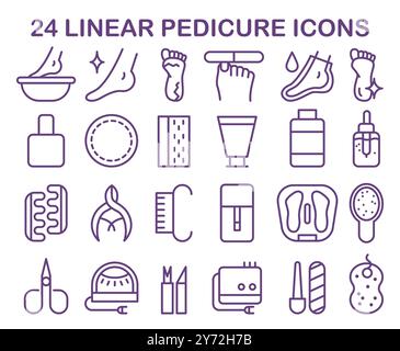 Pedicure and spa treatment linear icons set. Professional equipment and tools for toe nail and feet care. Scissors, file, polish, foot bath, cream, brush etc. Flat vector illustration Stock Vector