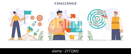 Business or professional challenge set. Character overcoming obstacles and hurdles on way to success. Goal achievement, motivation development. Flat vector illustration Stock Vector