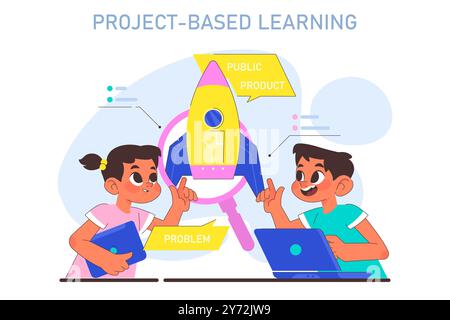 Project based learning. Modern education methodic. Multidisciplinary knowledge gaining with group activity. Boy and girl working on school project together. Flat vector illustration Stock Vector