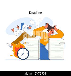 Deadline. Office character with burning work time horse. Idea of huge amount of paper work and short due time. Employees are stressed out about business problems. Flat vector illustration Stock Vector