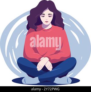 Tired woman sitting and thinking over problems. Concept emotional burnout or mental disorder. Vector flat Stock Vector