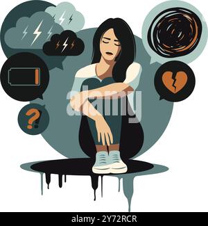 Depressed sad woman thinking over problems. Bankruptcy, loss, crisis, burnout syndrome, relationship trouble concept. Vector illustration. Flat. Stock Vector