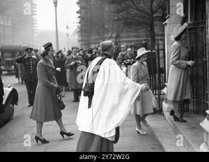 Members of the Royal family were present at St Margaret's, Westminster when Miss Myra Wernher, daughter of Sir and Lady Harold Wernher, was married to Maj David Butter, M.C., the Scots Guards. In attendance on the bride with Princess Alexandra of Kent and her young brother Prince Michael. Picture shows: Princess Elizabeth and Princess Margaret arrive at St Margaret's, old Westminster for the wedding.  5 November 1946 Stock Photo