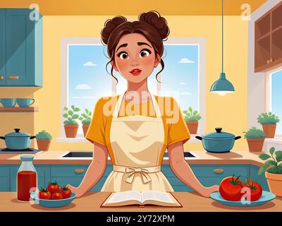 Stylized flat illustration of a thoughtful woman standing in a cozy, modern kitchen, surrounded by open recipe books and scattered utensils, with a pu Stock Photo