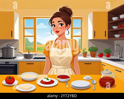 Stylized flat illustration of a thoughtful woman standing in a cozy, modern kitchen, surrounded by open recipe books and scattered utensils, with a pu Stock Photo