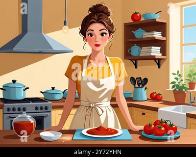 Stylized flat illustration of a thoughtful woman standing in a cozy, modern kitchen, surrounded by open recipe books and scattered utensils, with a pu Stock Photo