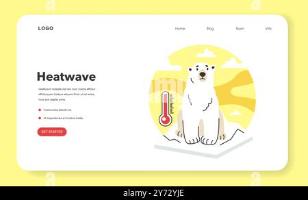 Global warming web banner or landing page. Polar bear on melting ice. Iceberg melt. Climate change and danger for ecology. Planet temperature rising due to CO2 emissions. Flat vector illustration Stock Vector