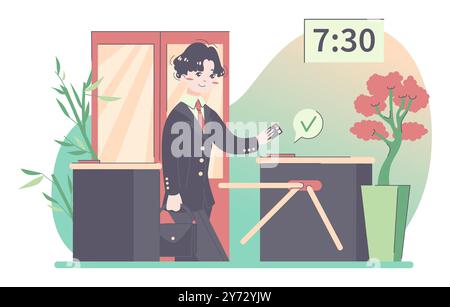 Man uses key-card for open office turnstile. Guy with key-card for identification of company employee. Clerk arriving at workplace. Businessman schedule, modern lifestyle. Flat vector illustration Stock Vector