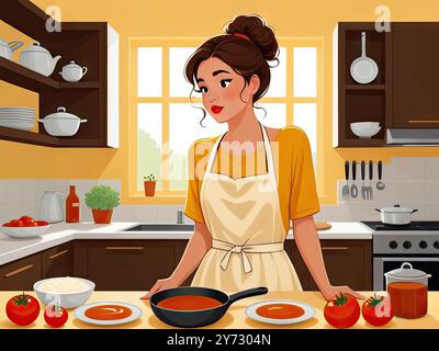 Stylized flat illustration of a thoughtful woman standing in a cozy, modern kitchen, surrounded by open recipe books and scattered utensils, with a pu Stock Photo