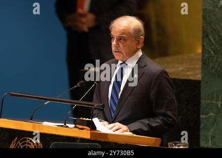 New York, NY, USA, 27 September, 2024:  Prime minister of Pakistan Shehbaz Sharif speaks during 79th session of General Assembly at UN Headquarters in New York on September 27, 2024. Credit: Lev Radin/Alamy Live News Stock Photo