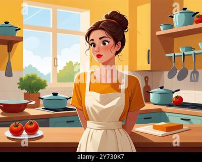 Stylized flat illustration of a thoughtful woman standing in a cozy, modern kitchen, surrounded by open recipe books and scattered utensils, with a pu Stock Photo