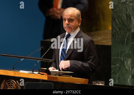 New York, USA. 27th Sep, 2024. Prime minister of Pakistan Shehbaz Sharif speaks during 79th session of General Assembly at UN Headquarters in New York on September 27, 2024. (Photo by Lev Radin/Sipa USA) Credit: Sipa USA/Alamy Live News Stock Photo