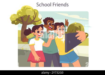 Group of children students. Vector black and white coloring page Stock ...