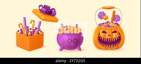 Halloween background with smiling pumpkins. Greeting card for party and sale. Autumn holidays. Stock Vector