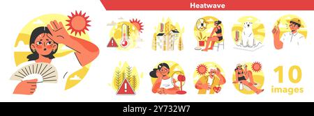 Heat wave set. Character suffering from heat. Climate change causing abnormal temperature problem. Strong sunlight, hot summer day. Flat vector illustration Stock Vector