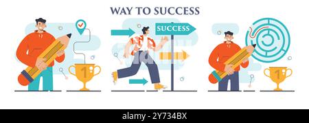 Way to success set. Business or personal development journey. Self-growth and career progress in the future. Goal, motivation, hard work and result. Flat vector illustration Stock Vector