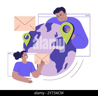 Positive aspect of social networks. Characters communicating with each other through the internet. Global connection and networking. Flat vector illustration Stock Vector