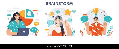 Brainstorm set. New idea generation in a teamwork discussion. Creative character coming up with innovative strategy or concept. Employees offering a solution. Flat vector illustration Stock Vector