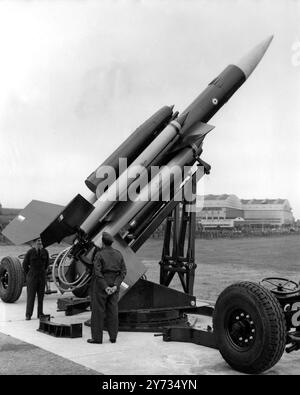 Bristol Aircraft Limited Bristol -Ferranti Bloodhound surface-to-air guided missiles to replace fighter aircraft in the defence of Britain was unveiled by the Bristol Aeroplane Company at Filton , Bristol .  A Bloodhound was shown mounted on its launch ready for firiing and was automatically tracked round , following an imaginary target .  20 August 1957 Stock Photo