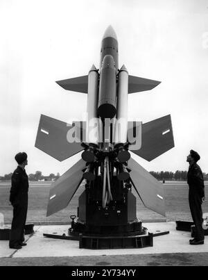 Bristol Aircraft Limited Bristol -Ferranti Bloodhound surface-to-air guided missiles to replace fighter aircraft in the defence of Britain was unveiled by the Bristol Aeroplane Company at Filton , Bristol .  A Bloodhound was shown mounted on its launch ready for firiing and was automatically tracked round , following an imaginary target .  20 August 1957 Stock Photo