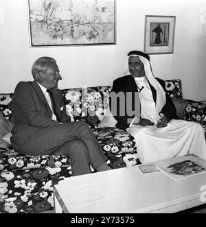 Mr Edward Heath , leader of Britain's Conservaitve Opposition , talks with his highness Sheikh Rashid II bin Saeed Al Maktoum ,the ruler of Dubai , one of the seven Trucial Oman states at a London hotel.  The Arab ruler has just concluded a five-day official  visit to Britain as guest of the British Government . 25 July 1969 Stock Photo