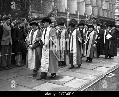 Cambridge University honoured the Merchant Navy when the Honorary Degree of Doctor of Law was conferred on Commodore Sir James Bissett , Captain of the Queen Elizabeth .  Honorary degrees of Doctor of Law were conferred on His Excellency M. Rene Massigli , Ambassador of the French Republic at the Court of St James , Field-Marshal Viscount Alanbrooke of Brookeborough , Field-Marshal Sir Harold Alexander , Marshal of the Royal Air Force , Sir Arthur Tedder , , Lord Keynes received an Honorary Degree of Doctor of Science .  Picture shows:  The procession during the  ceremony .  Walking in pairs , Stock Photo