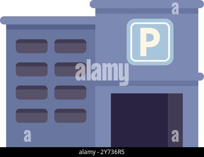 Simple cartoon style illustration of a multi storey car park building facade with a big entrance for cars Stock Vector