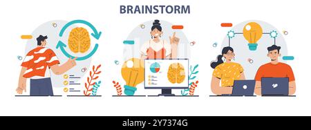 Brainstorm set. New idea generation in a teamwork discussion. Creative character coming up with innovative strategy or concept. Employees offering a solution. Flat vector illustration Stock Vector