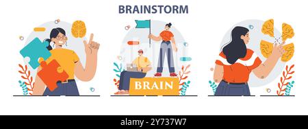 Brainstorm set. New idea generation in a teamwork discussion. Creative character coming up with innovative strategy or concept. Employees offering a solution. Flat vector illustration Stock Vector