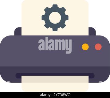 Icon of a printer undergoing setup configuration, symbolized by a prominent cogwheel displayed on the paper Stock Vector