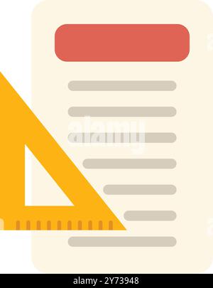 This vector illustration shows a yellow set square partially covering a document with text Stock Vector