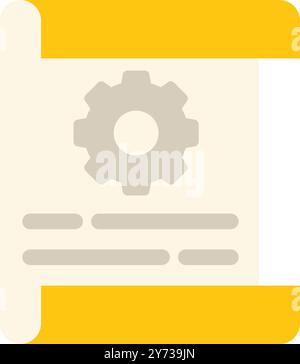 Flat vector icon of a technical document with a cogwheel, representing an engineering project or technical specifications Stock Vector
