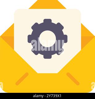 Open yellow envelope containing document with gear icon showing technical support concept Stock Vector