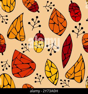 Seamless autumn pattern with leaves and berries in stained glass technique vector illustration Stock Vector