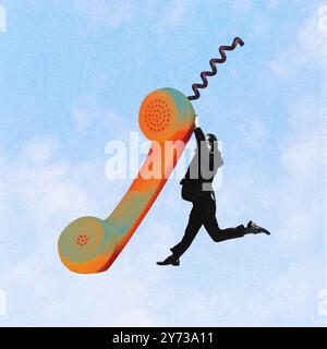 Contemporary art collage. Clinging to outdated connections, man hangs from rotary phone, representing dependence on old systems in modern world. Stock Photo