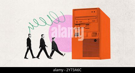 Contemporary art collage. Group walks towards oversized computer tower, showing how technology looms large in modern existence. Human relationship Stock Photo
