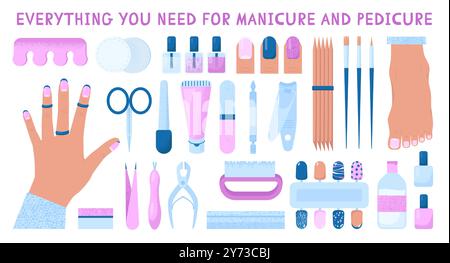 Various manicure and pedicure accessory set. Professional equipment and tools for nail care. Scissors, file, tweezers, polish, hand cream, polish remover, brush etc. Flat vector illustration Stock Vector