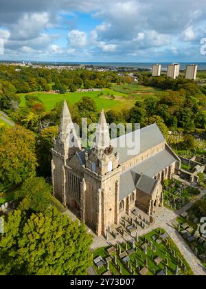 Aerial view from drone of Kirk of St Machar’s Cathedral and Seaton Park  in Aberdeen, Aberdeenshire, Scotland, UK Stock Photo