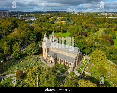 Aerial view from drone of Kirk of St Machar’s Cathedral and Seaton Park  in Aberdeen, Aberdeenshire, Scotland, UK Stock Photo