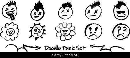 Set of doodle punk heads. Collection of black outline faces handdrawn humor emotions. Retro style stick out tongue, mohawk hairstyle, groovy flower Stock Vector