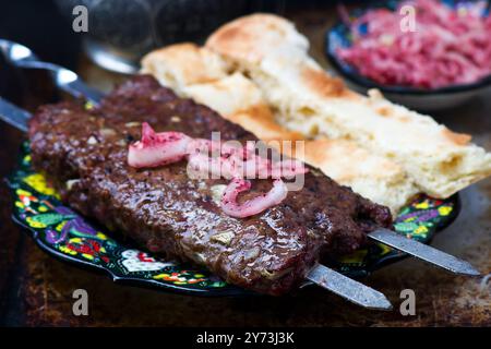 the Turkish kebab from lamb. selective focus. Stock Photo