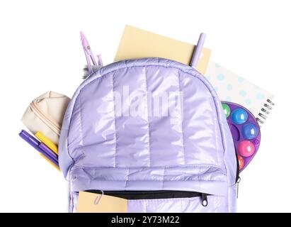 Lilac school backpack with notebooks and different stationery on white background Stock Photo