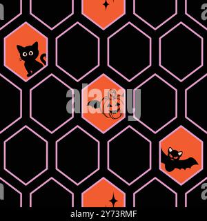 Halloween Spooky honeybee hive cells Seamless Pattern texture. Modern orange and black check Grid Background. Funny Print monochrome colors for Stock Vector