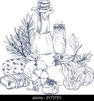 Christmas decor with tangerines, champagne. sweets and pine branches. Graphic illustration hand drawn in black ink. Composition, sublimation Stock Vector