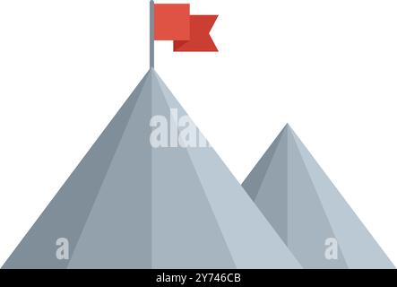 Red flag is waving on a mountain peak, representing achievement and overcoming challenges Stock Vector